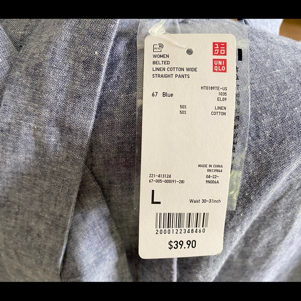 NWT Chambray Linen Sz L (12) Uniqlo WIDE Leg Belted Pants Pockets Summer Ladies
